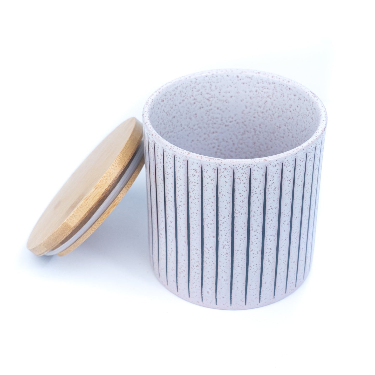 Recipiente em Cerâmica com Tampa de Bambu - Branco com Riscas 11x11cm