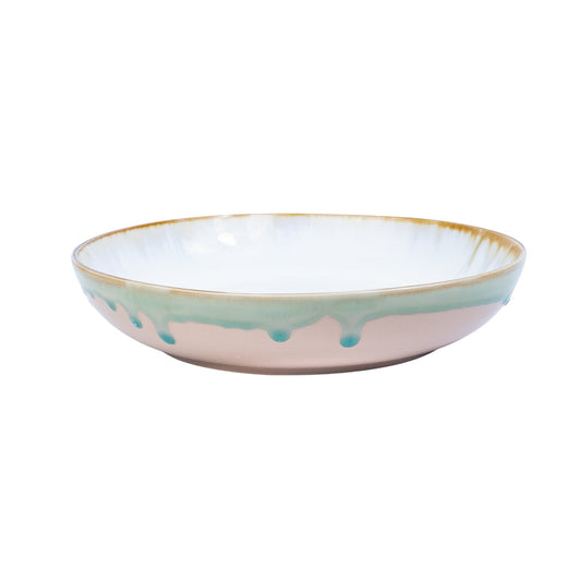 Prato Redondo Médio em Cerâmica - Branco com Detalhes Verde e Rosa 21.5cm
