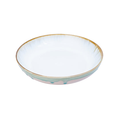 Prato Redondo Médio em Cerâmica - Branco com Detalhes Verde e Rosa 21.5cm