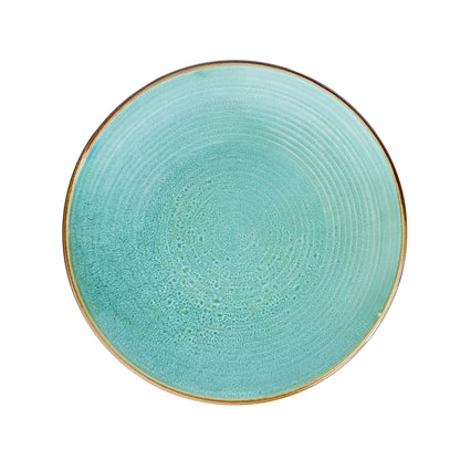 Prato Redondo Médio em Cerâmica - Turquesa com Borda Dourada 21.5cm