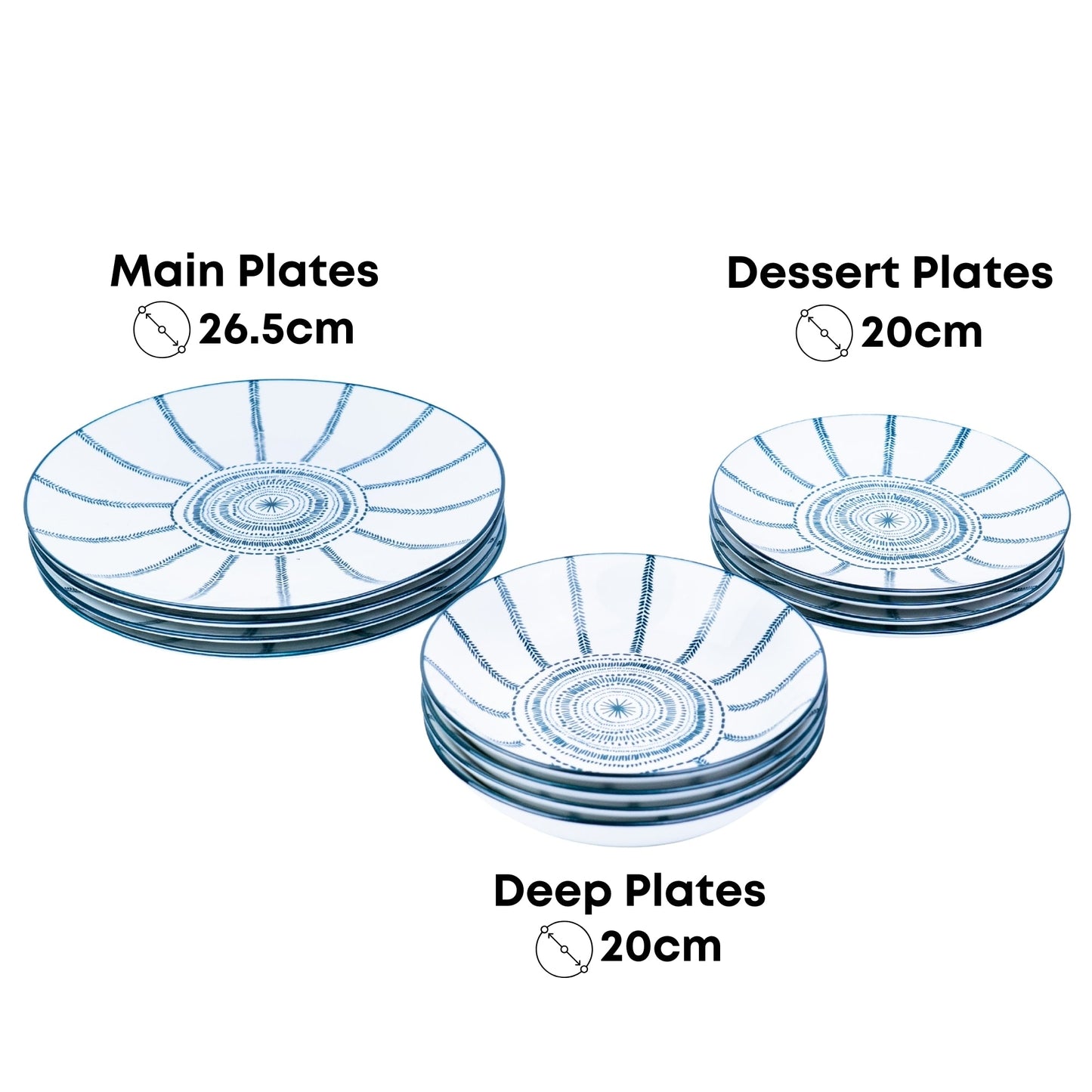 Conjunto de Louça 12 Peças com Padrão Radial - Azul (4 Pessoas)