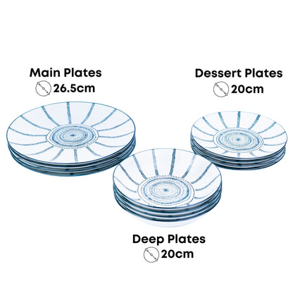 Conjunto de Louça 12 Peças com Padrão Radial - Azul (4 Pessoas)