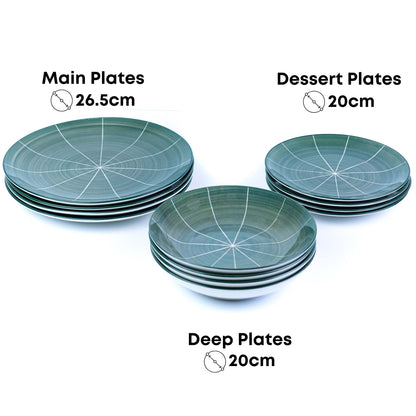 Conjunto de Louça 12 Peças com Padrão Radial - Verde Turquesa (4 Pessoas)