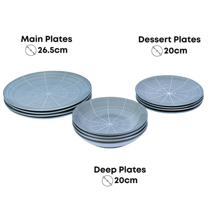 Conjunto de Louça 12 Peças com Padrão Radial - Azul Acinzentado (4 Pessoas)
