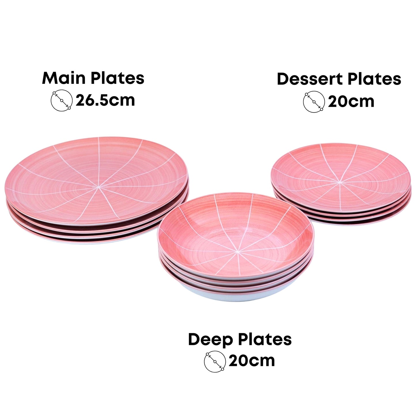 Conjunto de Louça 12 Peças com Padrão Radial - Rosa (4 Pessoas)