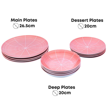 Conjunto de Louça 12 Peças com Padrão Radial - Rosa (4 Pessoas)