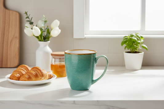 Cenário de cozinha com caneca turquesa