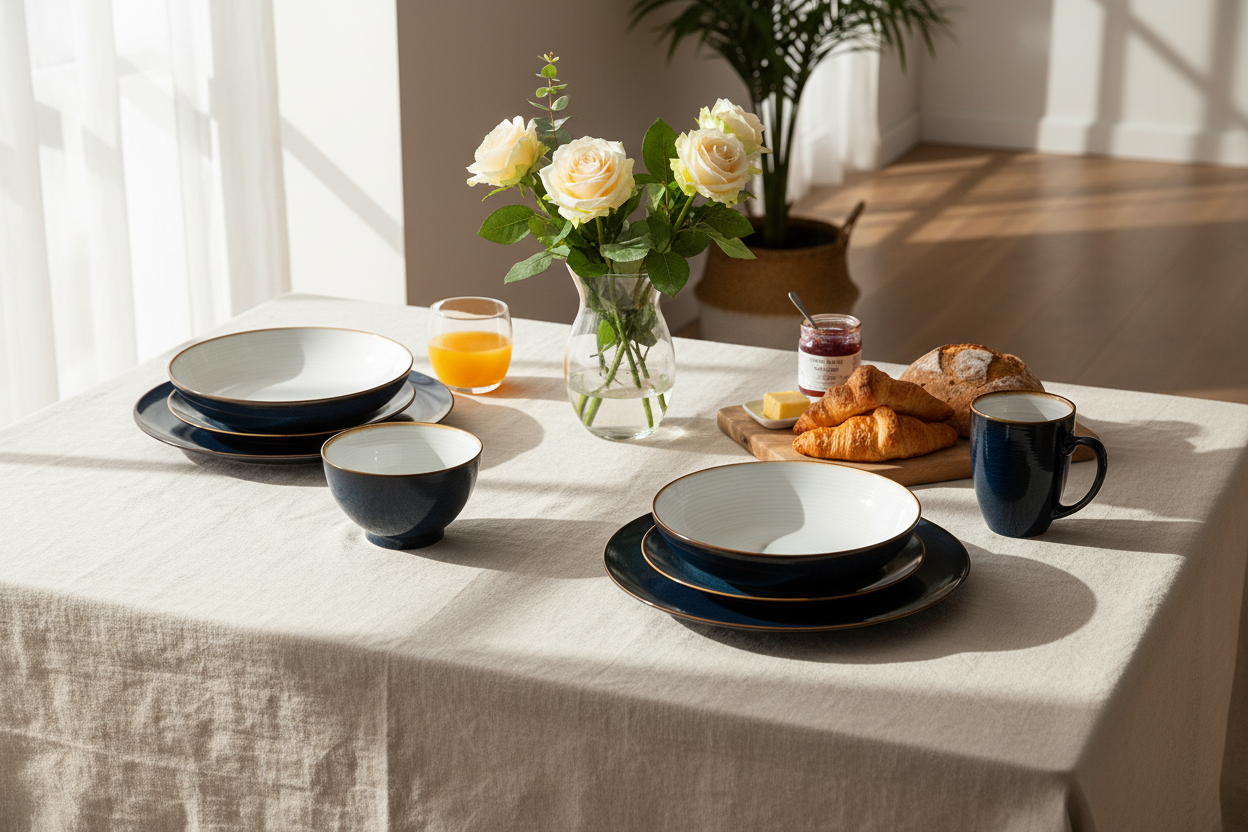 Cenário elegante com conjunto de louça azul marinho