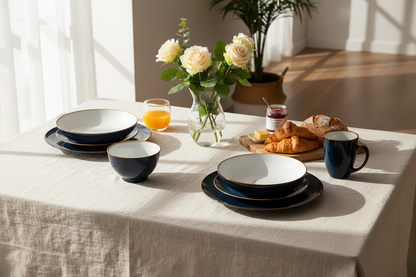 Cenário elegante com conjunto de louça azul marinho