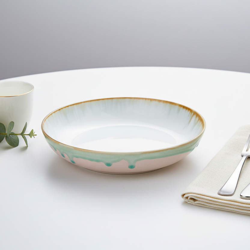 Cenário elegante com prato branco com detalhes verdes e rosa