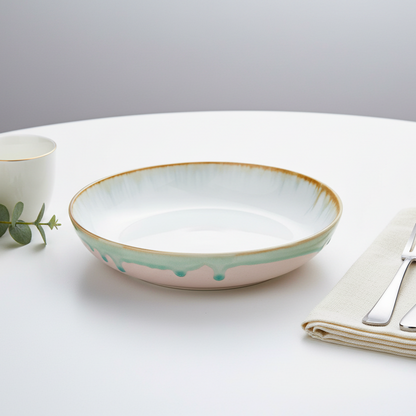 Cenário elegante com prato branco com detalhes verdes e rosa