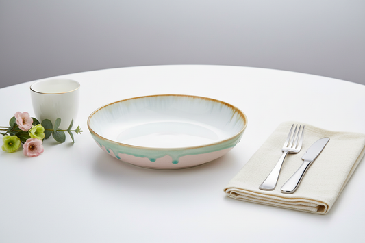 Cenário elegante com prato branco com detalhes verdes e rosa