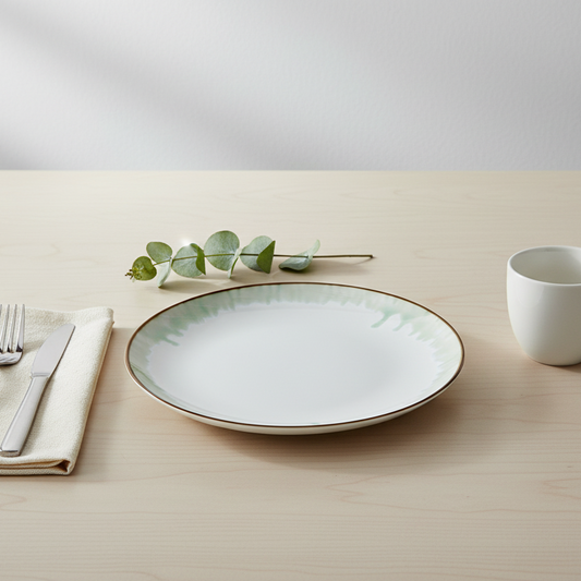 Cenário elegante com prato branco e detalhes verdes