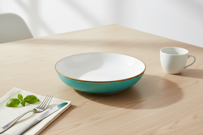 Cenário elegante com prato fundo branco e turquesa