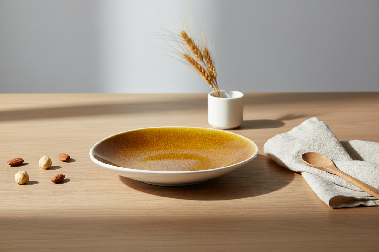 Cenário elegante com prato fundo gradiente mostarda e branco