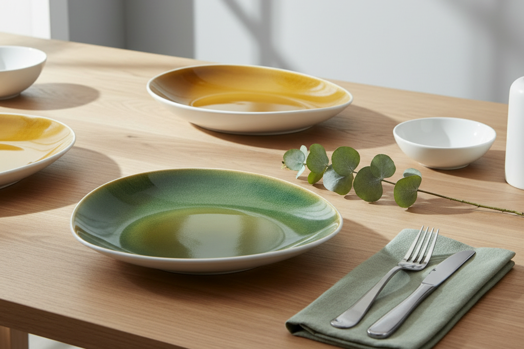 Cenário elegante com pratos bicolores mostarda/verde e branco