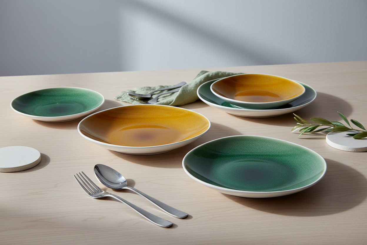 Cenário elegante com pratos bicolores mostarda/verde e branco