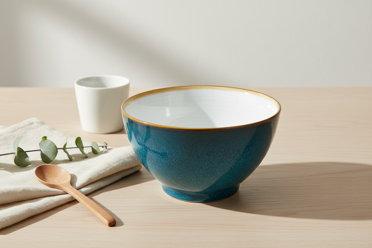 Cenário elegante com tigela branca e azul petróleo