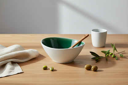 Cenário elegante com tigela verde floresta e branco