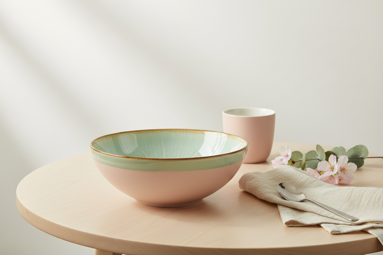 Cenário elegante com tigela verde água e rosa