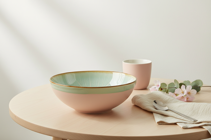 Cenário elegante com tigela verde água e rosa