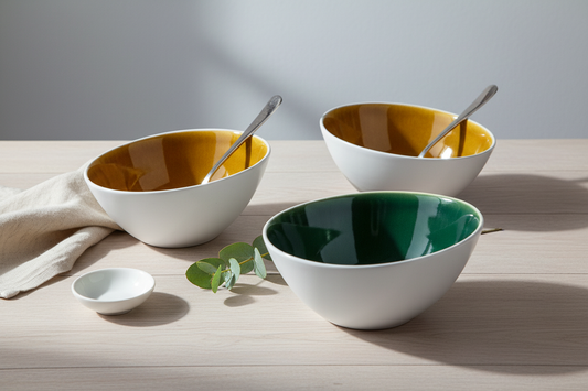 Cenário elegante com tigelas bicolores mostarda/verde e branco