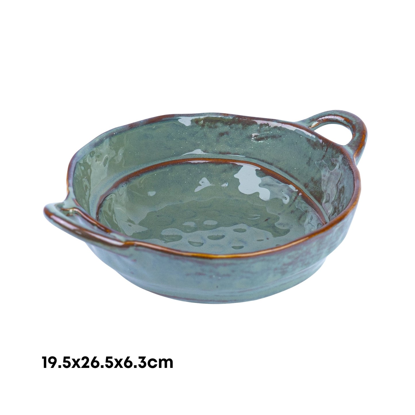 Cuenco de cerámica hecho a mano con asas y textura orgánica en verde jade