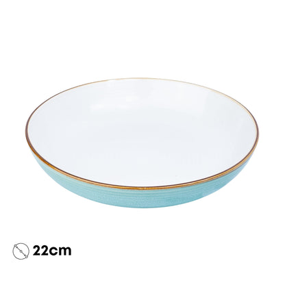 Prato Fundo Redondo em Cerâmica - Interior Branco e Exterior Turquesa 22cm