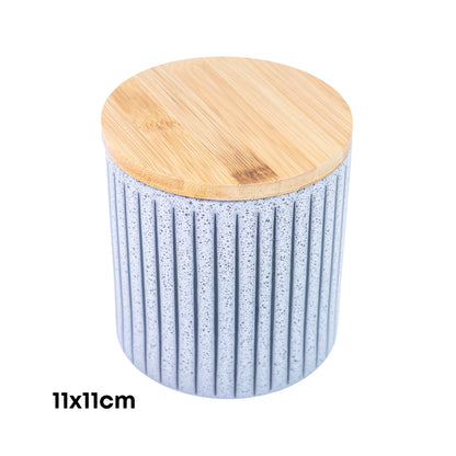 Recipiente de Cerâmica Azul-Cinza com Tampa de Bambu - 11x11cm
