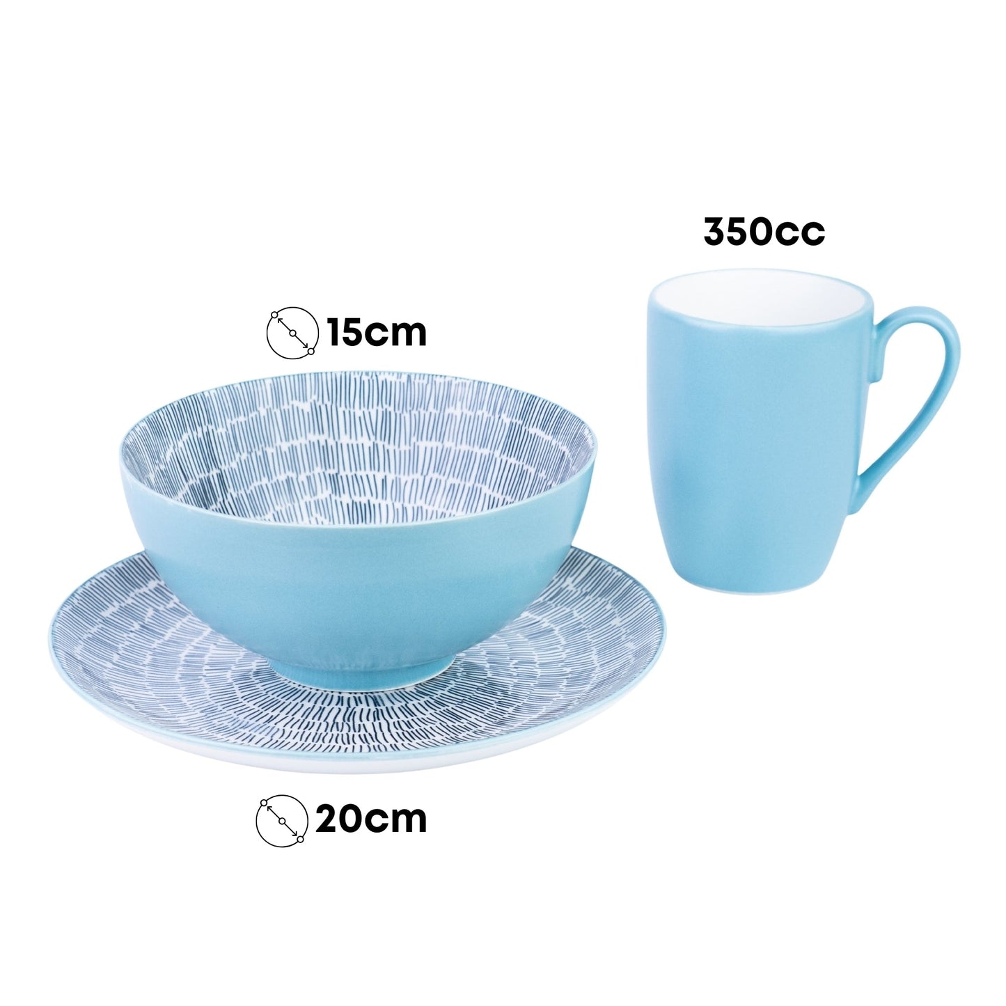 Conjunto de Pequeno-Almoço 6 Peças com Padrão de Linhas - Azul (2 Pessoas)