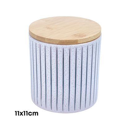 Recipiente em Cerâmica com Tampa de Bambu - Branco com Riscas 11x11cm