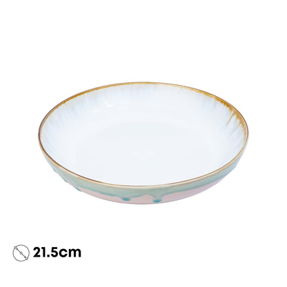 Prato Redondo Médio em Cerâmica - Branco com Detalhes Verde e Rosa 21.5cm