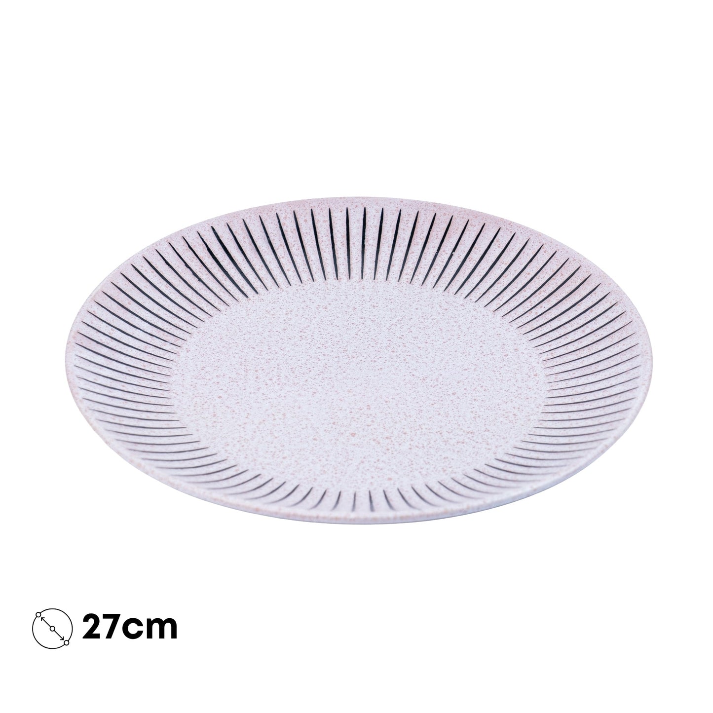 Prato Redondo em Cerâmica - Rosa com Riscas Radiais Pretas na Borda 27cm