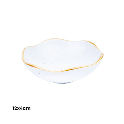 Tigela Orgânica Pequena de Cerâmica Branca com Borda Dourada 12x4cm