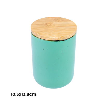Pote de Cerâmica Turquesa com Tampa de Bambu 10,3x13,8cm