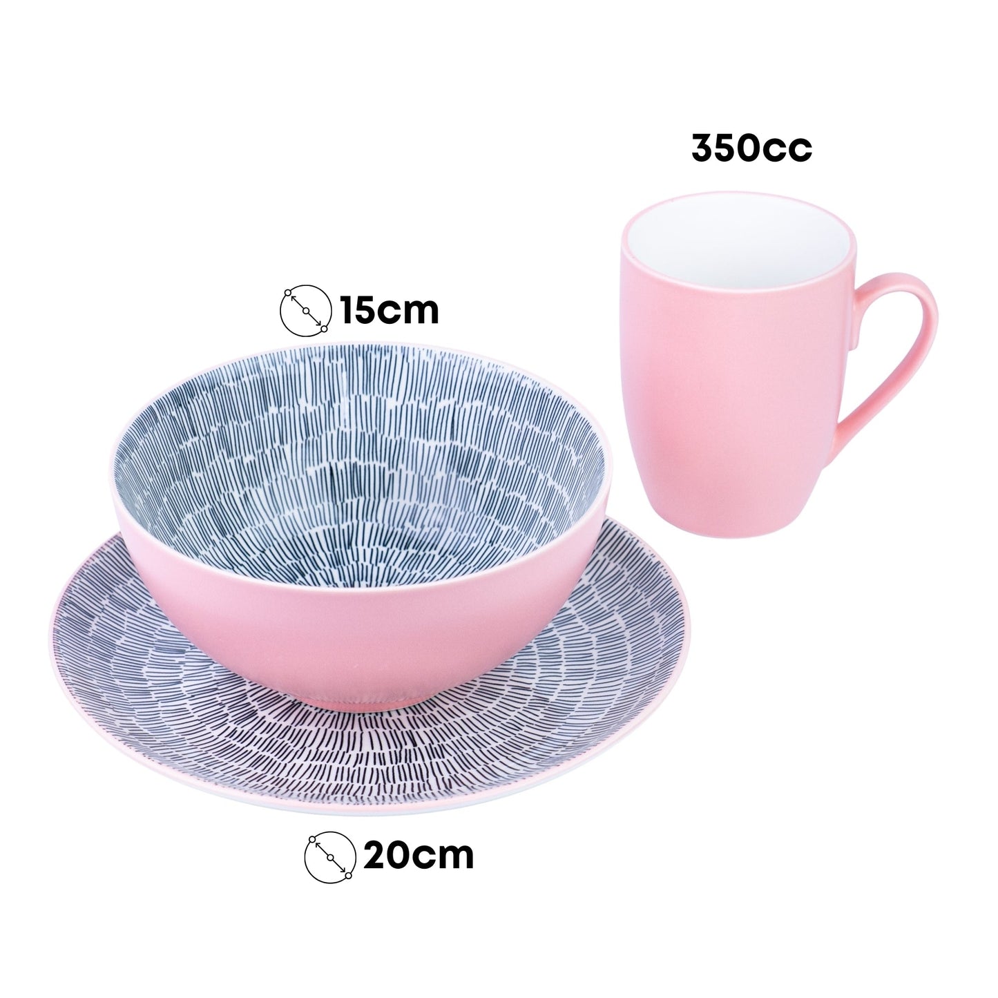 Conjunto de Pequeno-Almoço 6 Peças com Padrão Radial - Rosa (2 Pessoas)