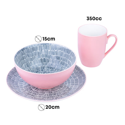 Conjunto de Pequeno-Almoço 6 Peças com Padrão Radial - Rosa (2 Pessoas)